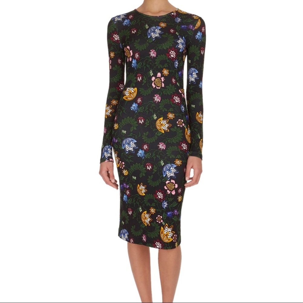 ERDEM Black Long-Sleeve Floral-Print Midi Dress